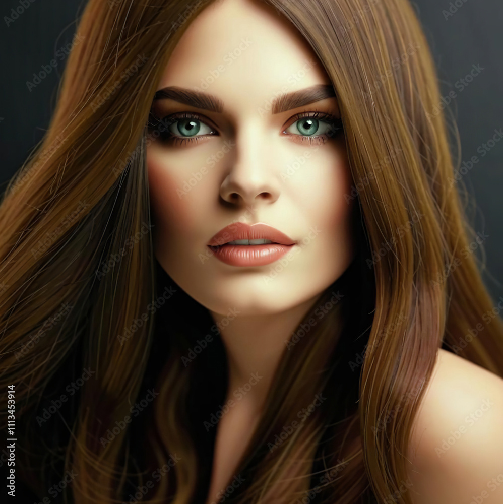 Soft light bathes the subject\'s flawless skin, emphasizing her enchanting green eyes and flowing hair, creating an ethereal, mesmerizing effect Soft light bathes the subject\'s flawless skin, emphasizing her enchanting green eyes and flowing hair, creating an ethereal, mesmerizing effect