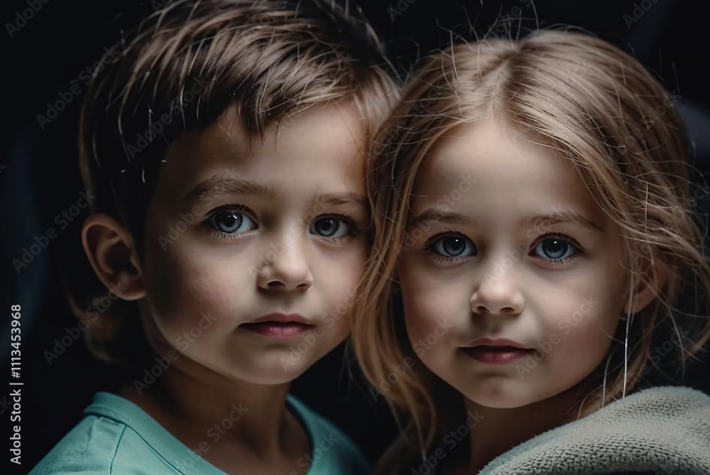 Two children with captivating eyes stand closely together, exuding curiosity and innocence. Their gentle expressions are illuminated by soft evening light, creating a tender atmosphere Two children with captivating eyes stand closely together, exuding curiosity and innocence. Their gentle expressions are illuminated by soft evening light, creating a tender atmosphere