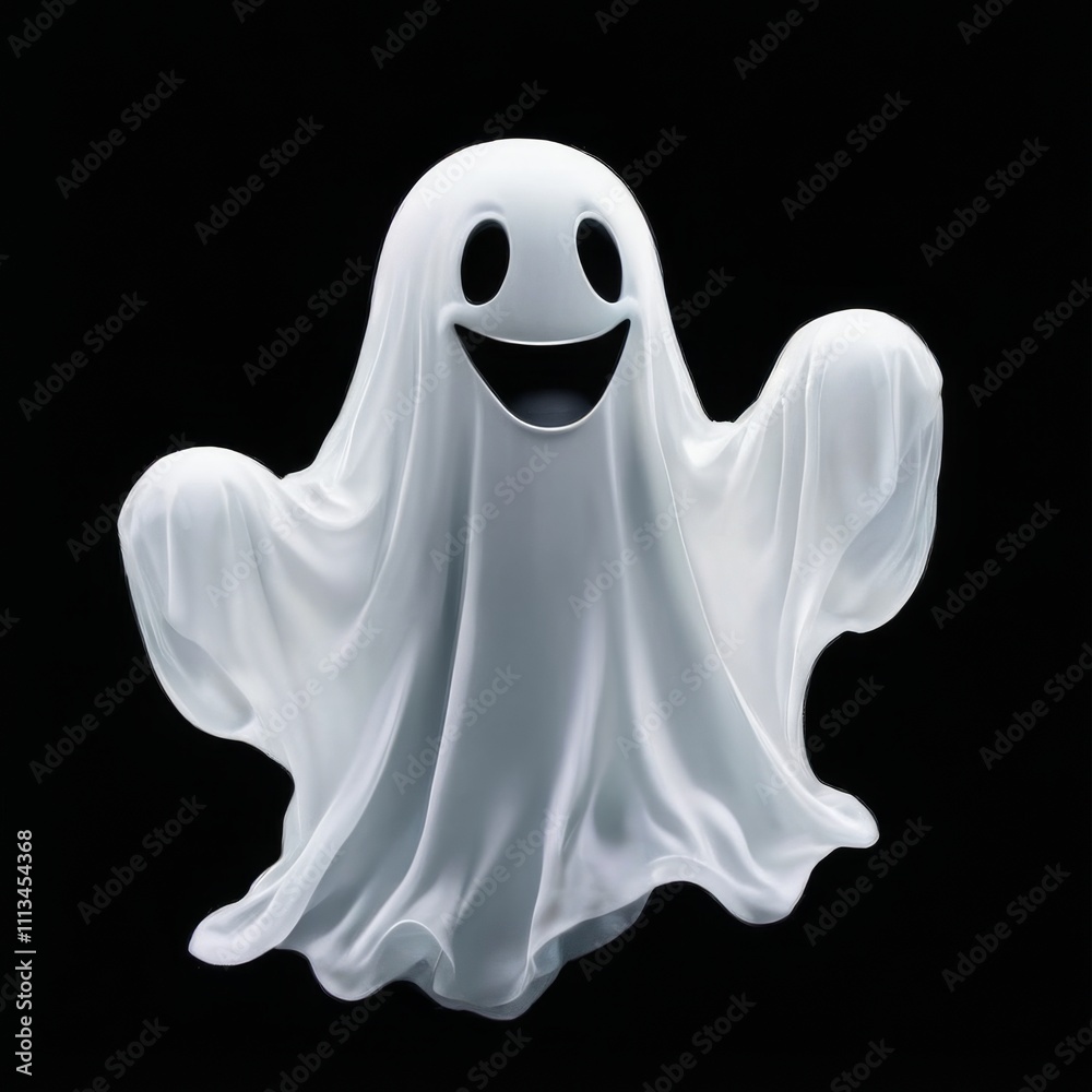 White ghost digital illustration with round head, black eyes, big smile, outstretched arms, and black background. White ghost digital illustration with round head, black eyes, big smile, outstretched arms, and black background.