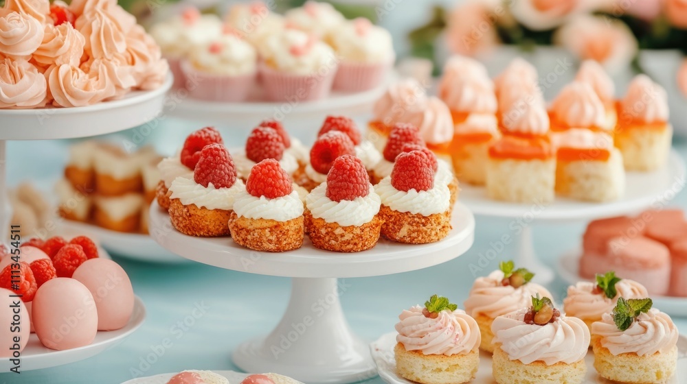 Festive Food Spread with an Assortment of Delectable Desserts and Snacks A Visually Appealing Arrangement of Cupcakes Macaroons and Other Bite Sized Treats for a Joyful Indulgent Gathering or Event Festive Food Spread with an Assortment of Delectable Desserts and Snacks A Visually Appealing Arrangement of Cupcakes Macaroons and Other Bite Sized Treats for a Joyful Indulgent Gathering or Event
