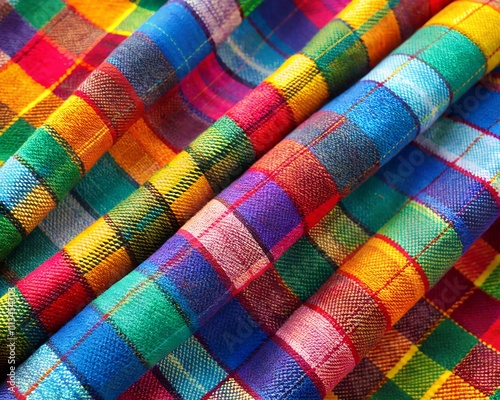Woven textiles featuring an array of vibrant colors and intricate plaid patterns are beautifully displayed. The craftsmanship reflects rich cultural heritage and artistic expression