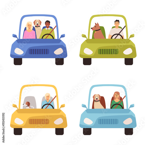 Illustration of a set of characters of different genders traveling with dogs in cars.