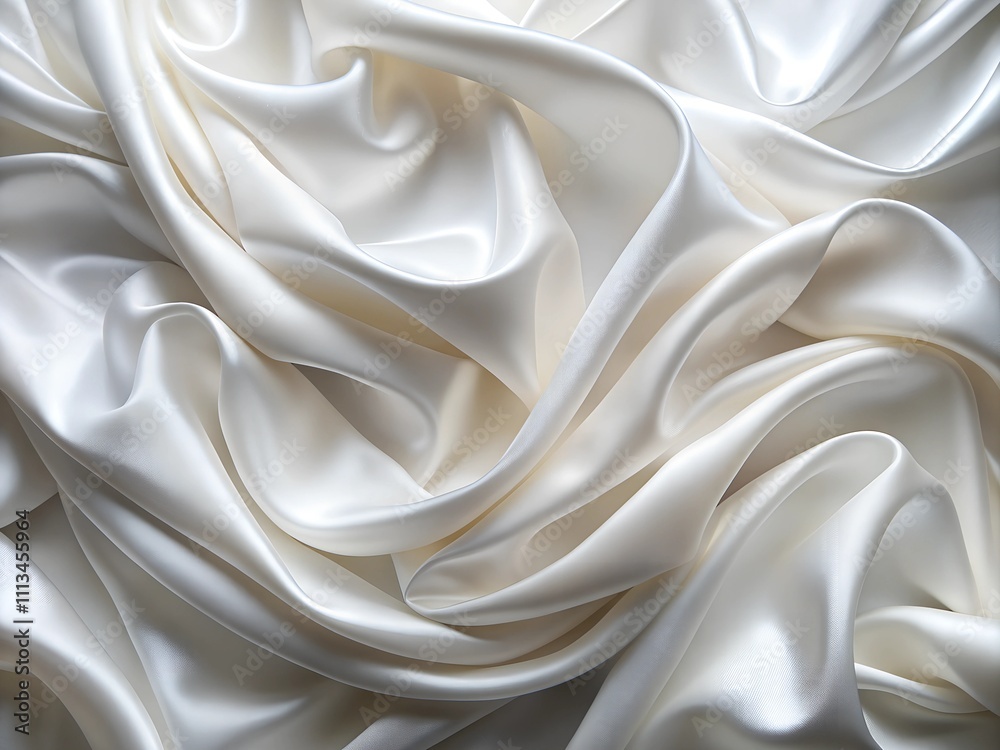 Fototapeta premium Soft, luxurious white silk drapes gracefully in flowing folds, reflecting subtle light. The texture appears smooth and inviting, showcasing its exquisite quality and sheen