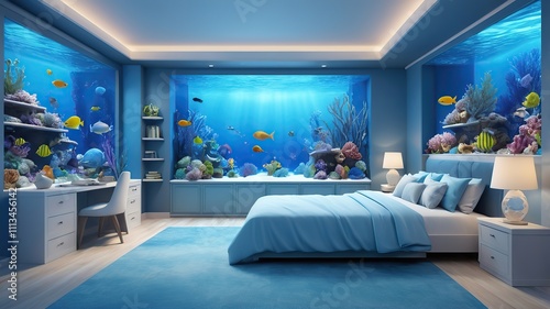 Underwater-themed bedroom with an aquarium wall, soft blue lighting, and oceanic decor, rendered in 3D. photo