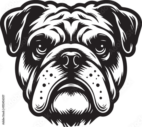 This stylized black and white vector illustration showcases a majestic bulldog, embodying strength, loyality, and resilience. perfect for designs related to pet adoption and urban lifestyle.