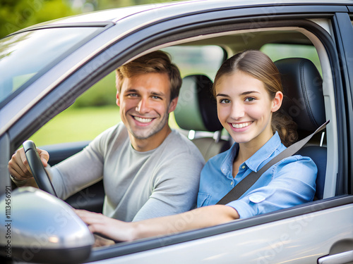 Friends share a moment of happiness while driving, smiling brightly in a parked car. The sun shines down, creating a cheerful atmosphere as they enjoy each other\'s company photo