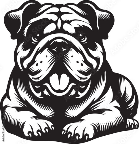 This stylized black and white vector illustration showcases a majestic bulldog, embodying strength, loyality, and resilience. perfect for designs related to pet adoption and urban lifestyle.