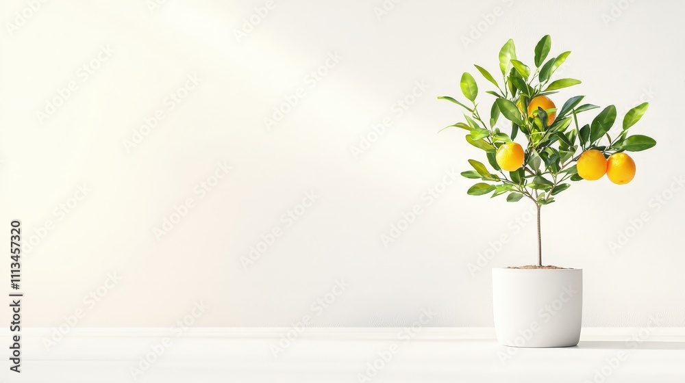 A small orange tree is in a white pot on a white table A small orange tree is in a white pot on a white table