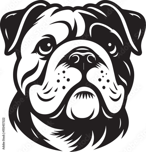 This stylized black and white vector illustration showcases a majestic bulldog, embodying strength, loyality, and resilience. perfect for designs related to pet adoption and urban lifestyle.