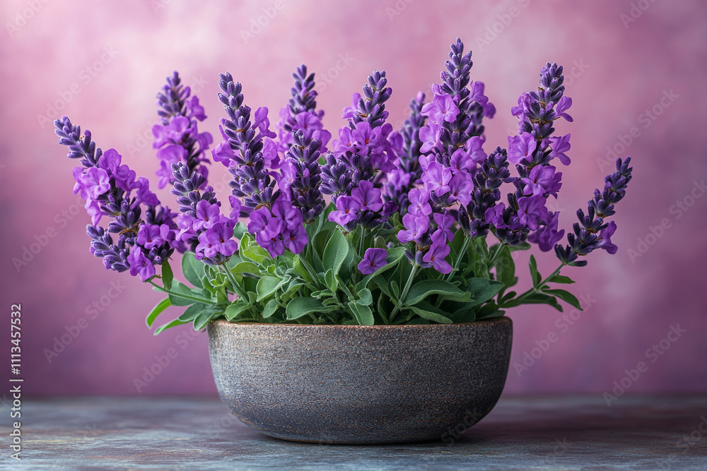 Lavender blossoms in a rustic gray bowl against a purple backdrop Lavender blossoms in a rustic gray bowl against a purple backdrop