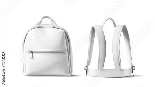 White backpack, school or travel rucksack in front and back view. Vector realistic mockup of blank leather or cloth backbag, women fashion accessory isolated on white background photo