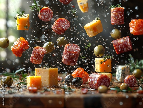 Rustic 3D Pattern of Miniature Charcuterie Boards with Meats Cheeses and Olives on a Wooden Plank Background