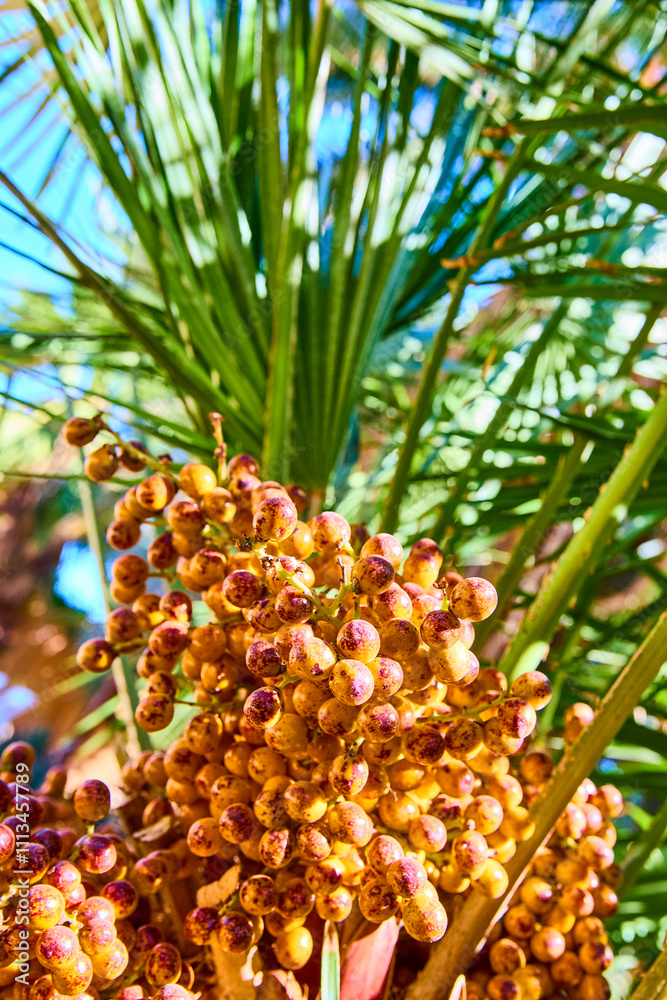 Vibrant Palm Berries with Lush Green Fronds Close-Up Vibrant Palm Berries with Lush Green Fronds Close-Up