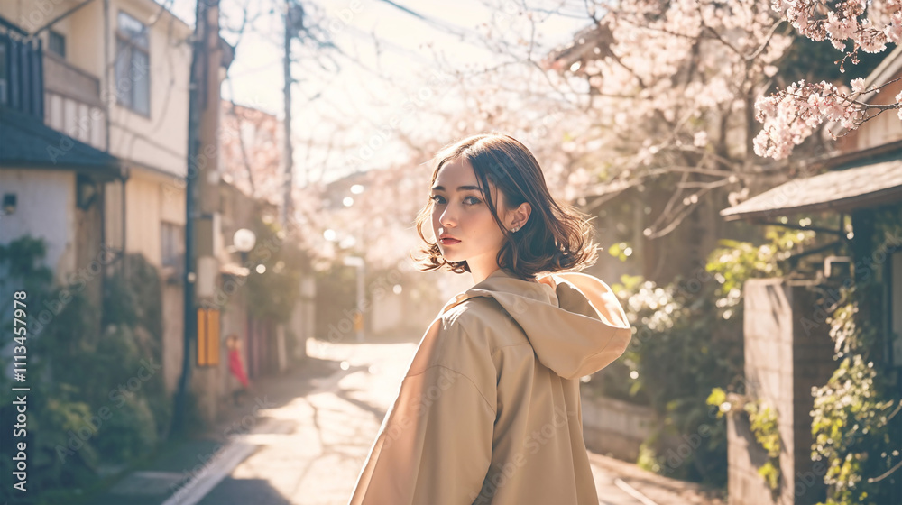 桜の咲くまちで振り返る女性 桜の咲くまちで振り返る女性