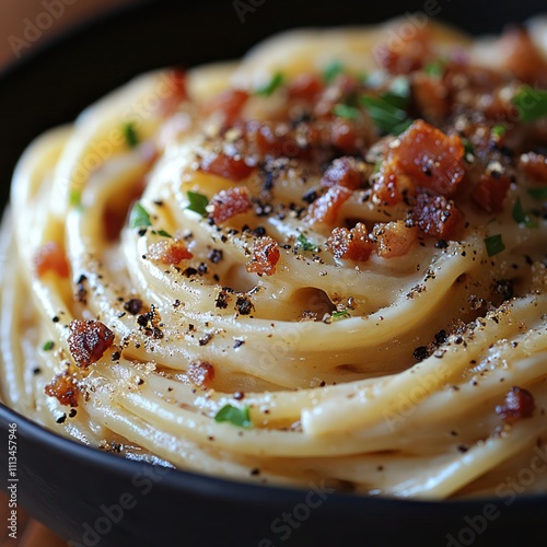 a plate of spaghetti carbonara topped with parmesan cheese, black pepper, and Pancetta  photo