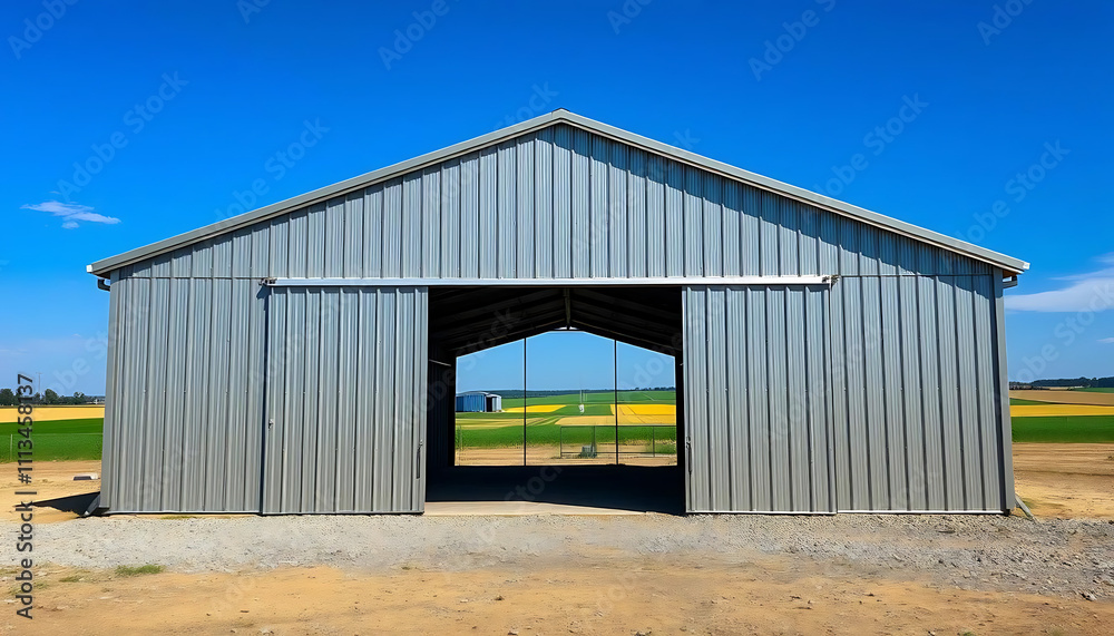Spacious metal storage shed with an open garage door, set against a clear blue sky, perfect for warehouse or container storage. Created with Generative AI Spacious metal storage shed with an open garage door, set against a clear blue sky, perfect for warehouse or container storage. Created with Generative AI