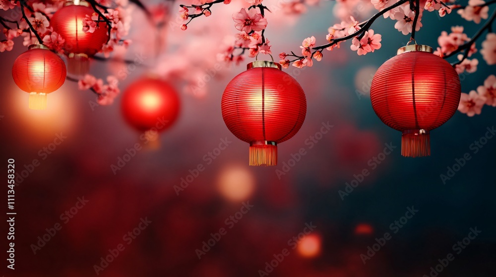 Fototapeta premium Enchanting red Chinese lanterns adorned with cherry blossoms create a magical atmosphere perfect for Chinese New Year, spring festivals, or celebratory designs.