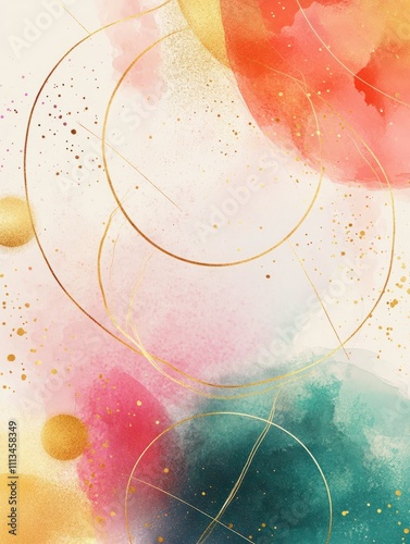 Abstract watercolor background vector. Luxury wallpaper with paint brush and gold line art. Pastel watercolor, golden lines, circle shapes illustration for wall art, cover and invitation cards. photo