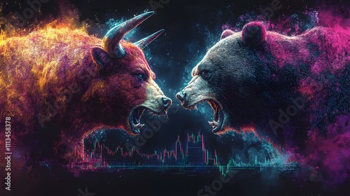 Bull and bear fight in stock market financial graphic art dynamic trading environment