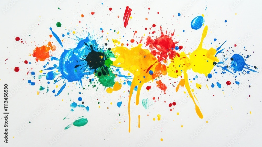 Naive children's drawing with colored paint on white paper, made by hand by a child, a random paint splatters scattered everywhere,32k.