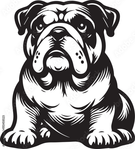 This stylized black and white vector illustration showcases a majestic bulldog, embodying strength, loyality, and resilience. perfect for designs related to pet adoption and urban lifestyle.