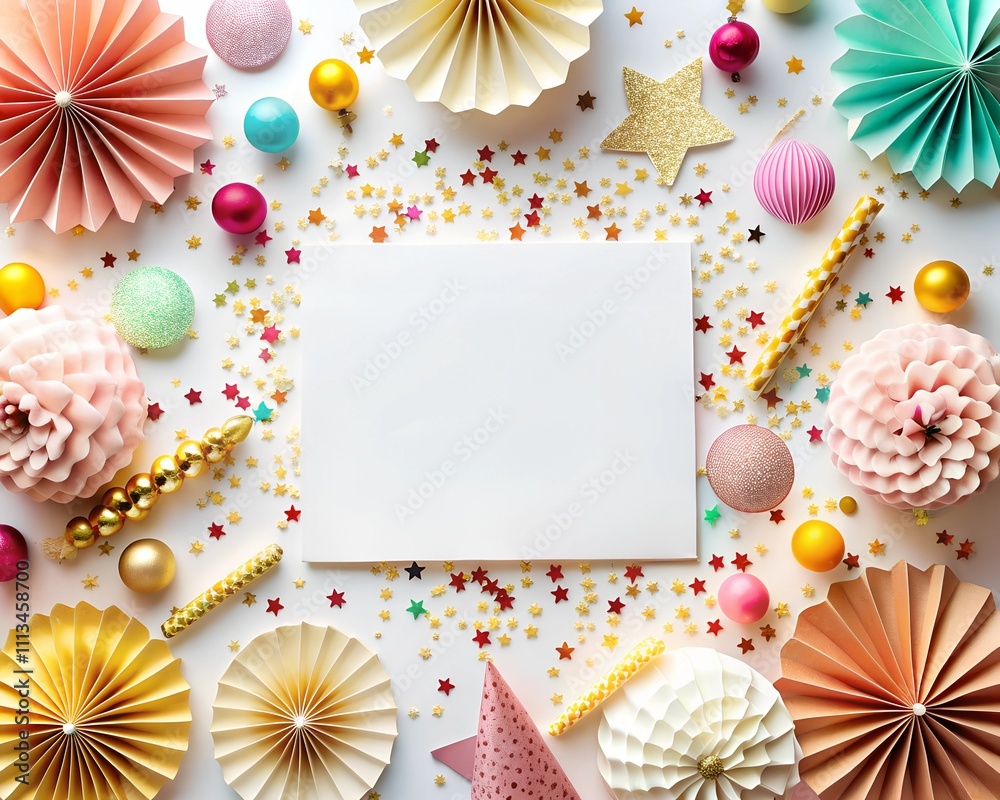 Fototapeta premium Vibrant paper decorations in soft pinks, greens, and golds create an enchanting layout with a blank card at the center, inviting heartfelt messages for a special celebration