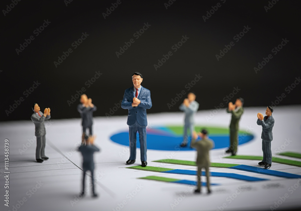 A small businessman stands atop financial charts and graphs, symbolizing success in the corporate world. Represents the concept of leadership and achievement, with miniature human figures set against A small businessman stands atop financial charts and graphs, symbolizing success in the corporate world. Represents the concept of leadership and achievement, with miniature human figures set against