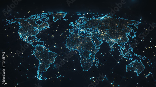 abstract business connection of line from nail node to node on world map background Innovation network points Earth's surface