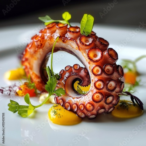 A single grilled octopus tentacle elegantly curled, presented on a white plate with vibrant garnishes. Ideal for gourmet food promotions, menus, or recipe books. AI generated. photo