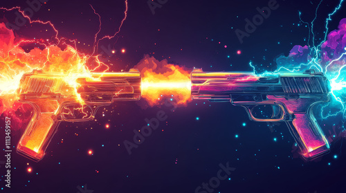 Cartoon set of colorful laser gun and explosion effects isolated on background. Vector illustration of neon lightning, electric power discharge, fire flame, blaster shot effect. Future fantasy weapons