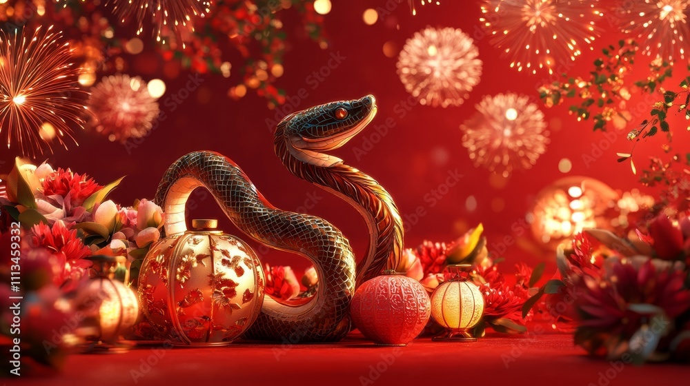 Vibrant Red Backdrop with Ornate 3D Snake and Festive Decorations Vibrant Red Backdrop with Ornate 3D Snake and Festive Decorations