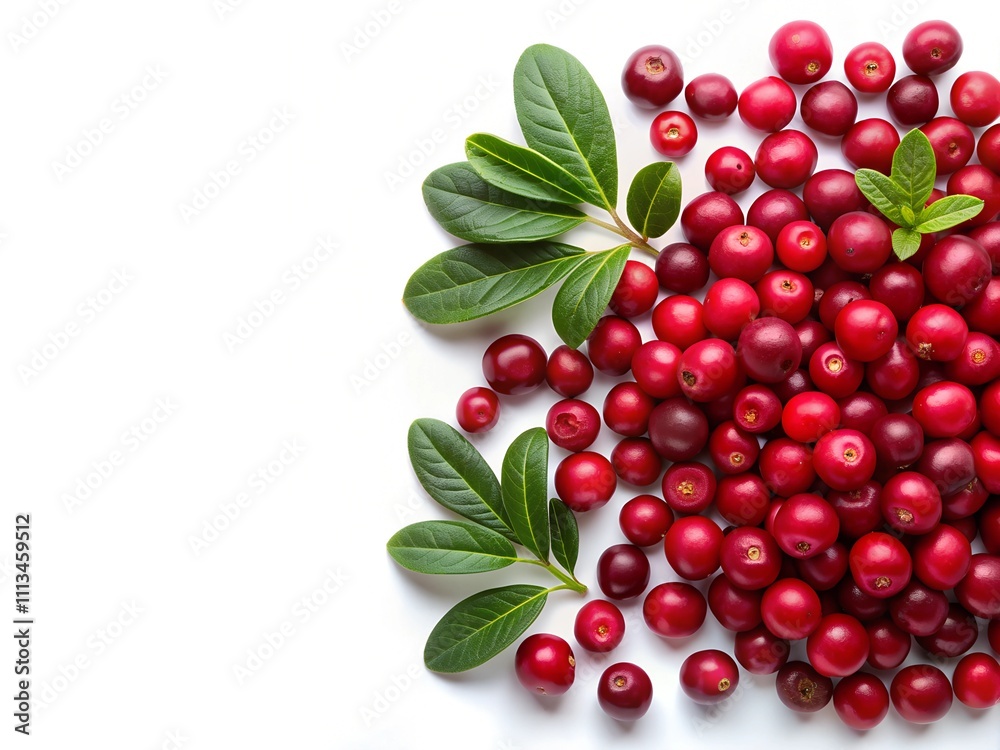 The bounty of ripe cranberries showcases their rich red hue, complemented by glossy green leaves. This vibrant arrangement highlights the natural beauty and freshness of the fruit The bounty of ripe cranberries showcases their rich red hue, complemented by glossy green leaves. This vibrant arrangement highlights the natural beauty and freshness of the fruit