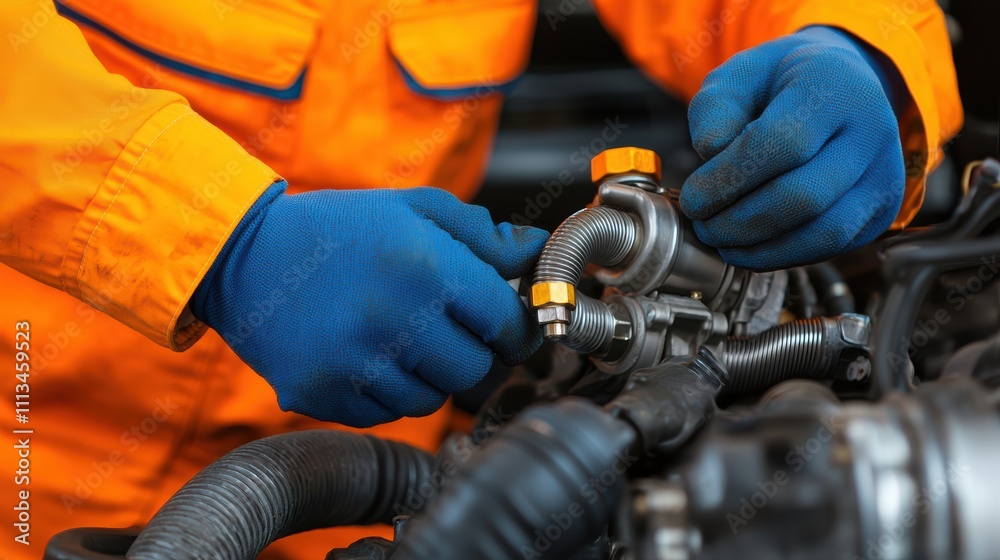 turbocharger installation. A person in an orange work suit and blue gloves is repairing a mechanical component, focusing on a tube connection in an automotive environment. turbocharger installation. A person in an orange work suit and blue gloves is repairing a mechanical component, focusing on a tube connection in an automotive environment.