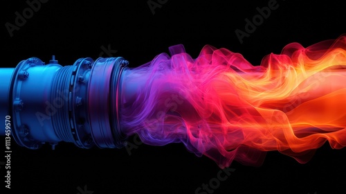 turbocharger installation. A vibrant display of flames and smoke emerging from a metallic nozzle, showcasing a captivating blend of colors against a dark background.