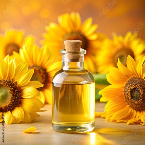 A glass bottle filled with golden oil sits gracefully among bright sunflowers, basking in warm sunlight. The scene radiates warmth and natural beauty, celebrating life