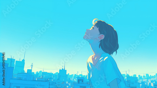 都会で青空を見上げる女性