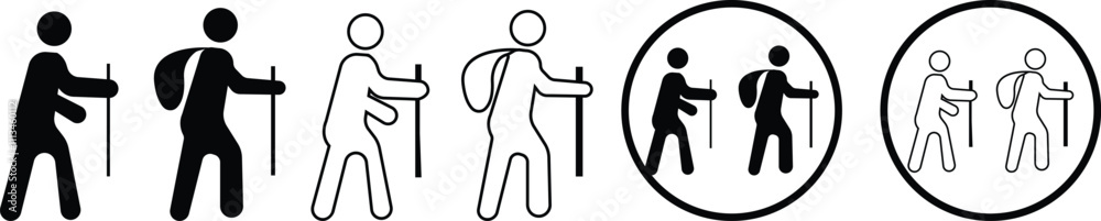 Man Travel With The Walking Stick icon set. people hiking in silhouette style, Summer camping hiking canoe mountains. isolated on transparent background, used for Travel and Adventure, hiking Icons
