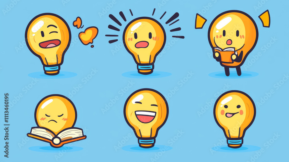 Cute light bulb character in different poses. Vector set of cartoon chat bot, funny lamp rises finger, feels headache, flirts, laughs and read book. Creative emoji set, smart mascot Cute light bulb character in different poses. Vector set of cartoon chat bot, funny lamp rises finger, feels headache, flirts, laughs and read book. Creative emoji set, smart mascot