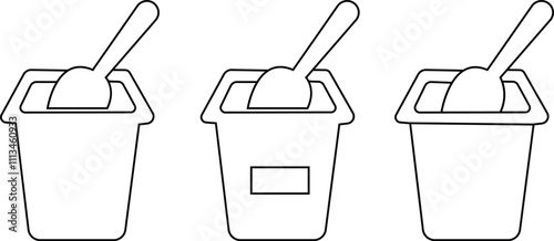 yogurt container with spoon icon set, Black simple vector of open plastic container in flat graphic design elements, Contour isolated pictogram on transparent background, for web, mobile apps and ui.