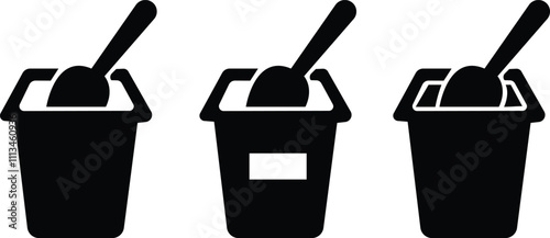 yogurt container with spoon icon set, Black simple vector of open plastic container in flat graphic design elements, Contour isolated pictogram on transparent background, for web, mobile apps and ui.