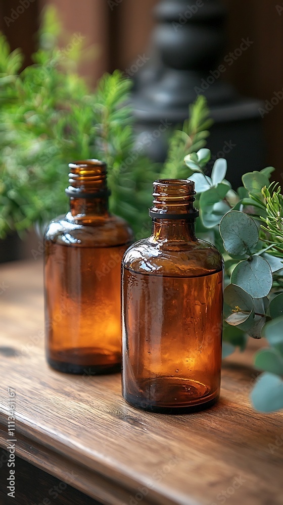 Rustic Wooden Table with Recycled Glass Bottles Filled with Essential Oils and Dried Eucalyptus Rustic Wooden Table with Recycled Glass Bottles Filled with Essential Oils and Dried Eucalyptus