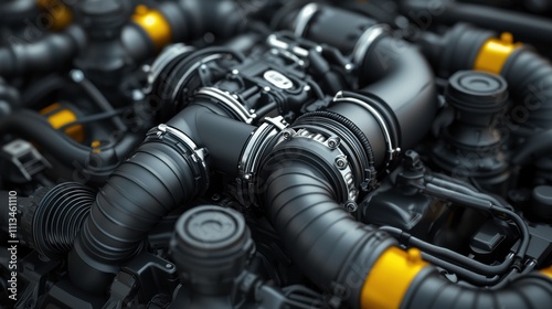 turbocharger installation. A close-up image of intricate engine components featuring interconnected pipes and connectors, showcasing a blend of industrial design and mechanical engineering. photo