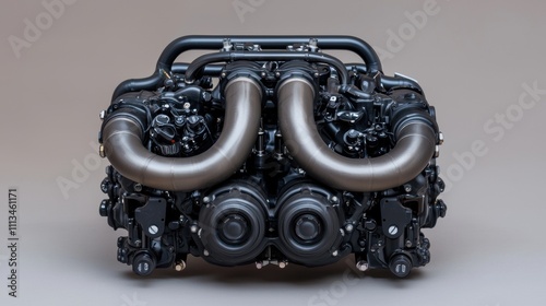 turbocharger installation. A detailed view of a complex automotive engine featuring twin turbochargers and intricate piping, emphasizing its power and engineering design. photo