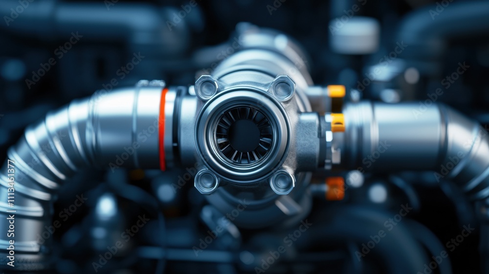 turbocharger installation. A close-up view of a turbocharger and piping in an automotive engine, showcasing detailed metallic components designed for performance enhancement. turbocharger installation. A close-up view of a turbocharger and piping in an automotive engine, showcasing detailed metallic components designed for performance enhancement.