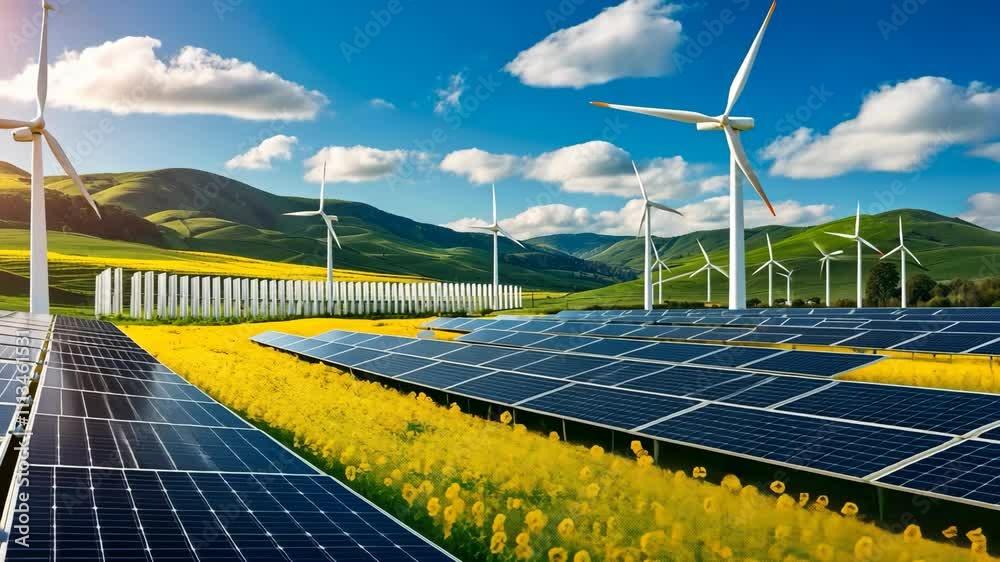 Video footage of renewable energy landscape with solar panels and wind turbines in a field of yellow flowers, set against rolling green hills and a blue sky with clouds