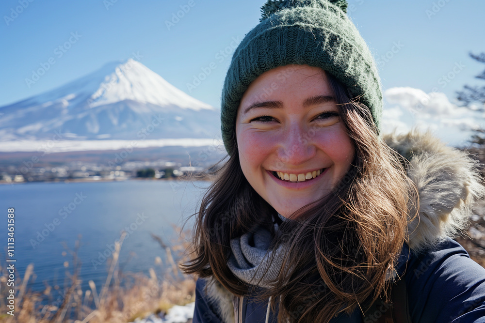 woman taking a selfie in front of Mount Fuji in Japan during the winter season woman taking a selfie in front of Mount Fuji in Japan during the winter season