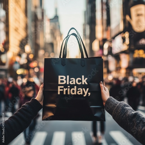 Black Friday shopping bag held in busy city street