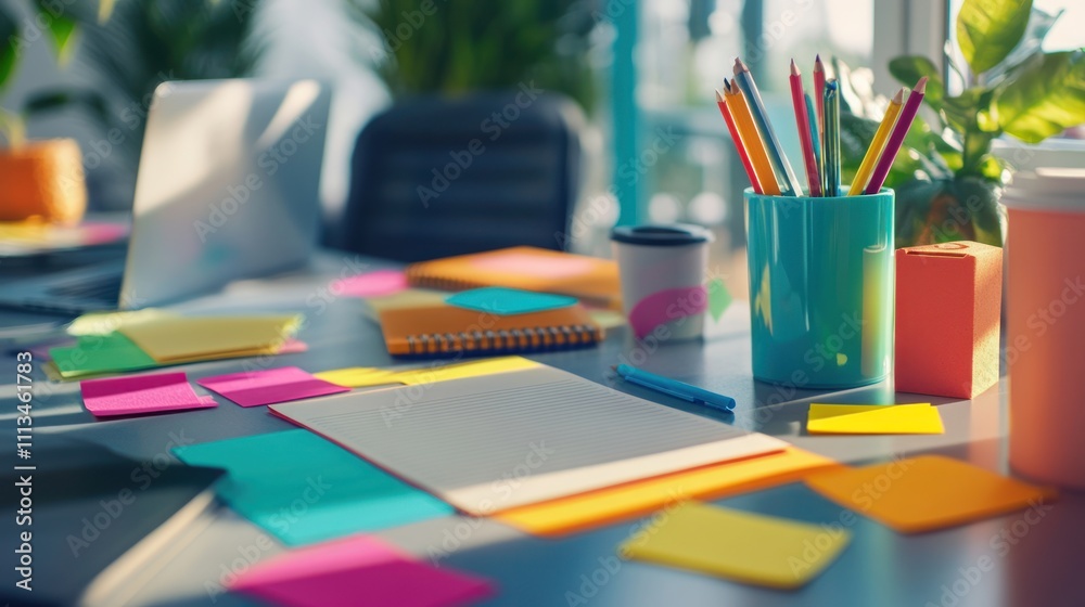 Colorful Office Desk with Sticky Notes Colorful Office Desk with Sticky Notes