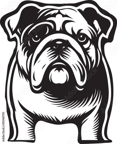 This stylized black and white vector illustration showcases a majestic bulldog, embodying strength, loyality, and resilience. perfect for designs related to pet adoption and urban lifestyle.