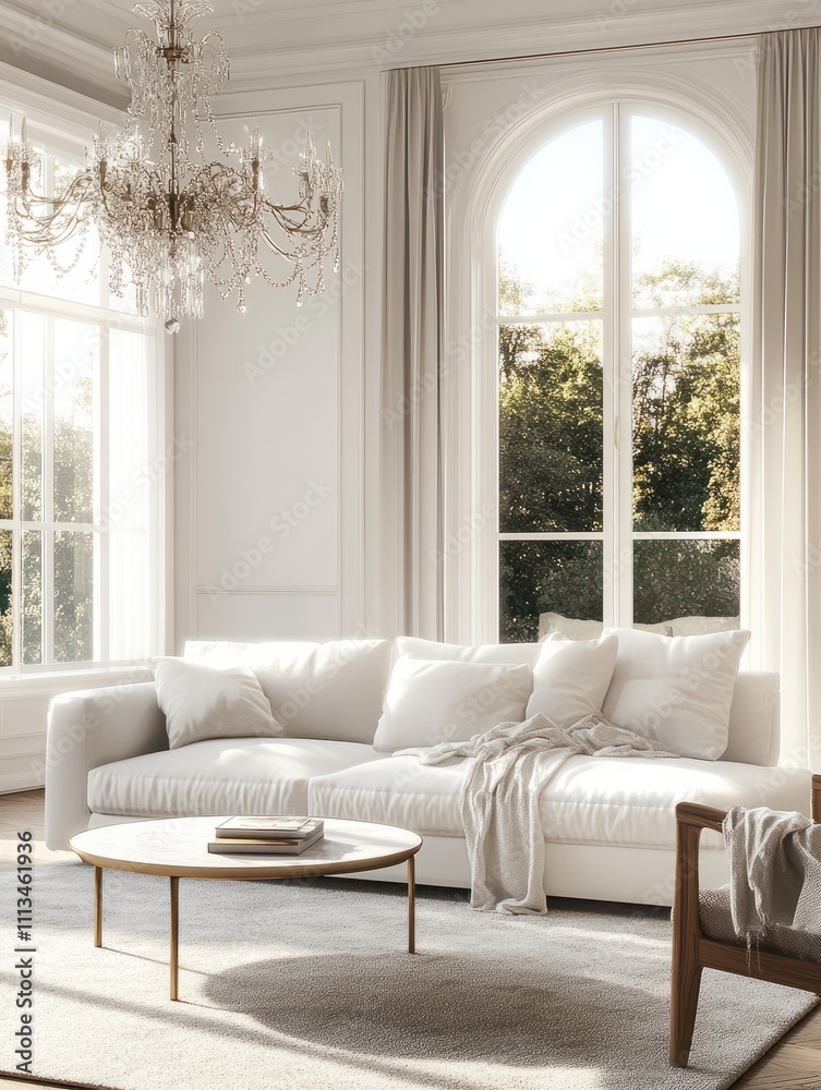 Front view on sunny stylish living room with all-white interior design: big sofa, coffee table on carpet, modern chandelier and armchair near huge window. 3D rendering Front view on sunny stylish living room with all-white interior design: big sofa, coffee table on carpet, modern chandelier and armchair near huge window. 3D rendering
